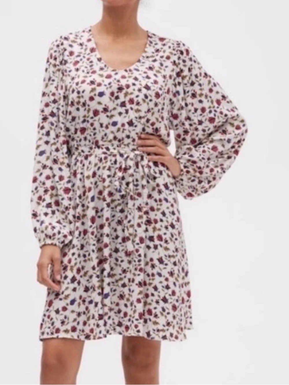 NWT Banana Republic White Floral Crew Neck Long Ballon Sleeve Flare Dress